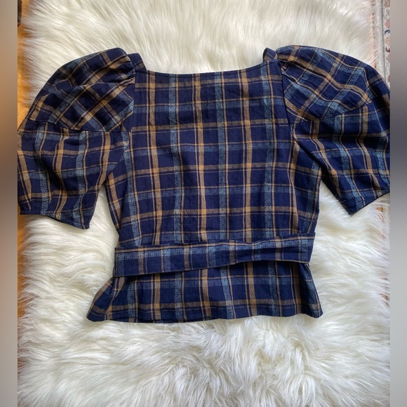Madewell Sweetheart Wrap Top Plaid Oversized Puff Sleeves - Picture 6 of 6